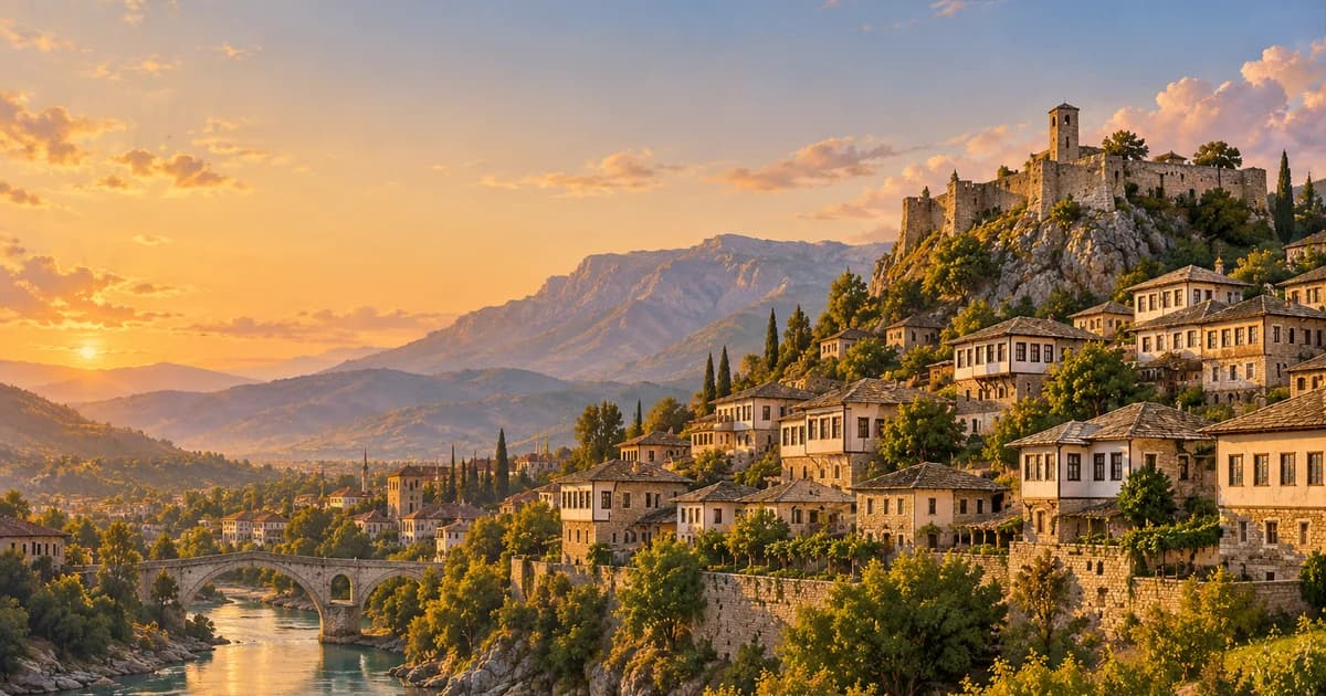 Illustration of a stone old town with a hilltop castle in the Albanian mountains