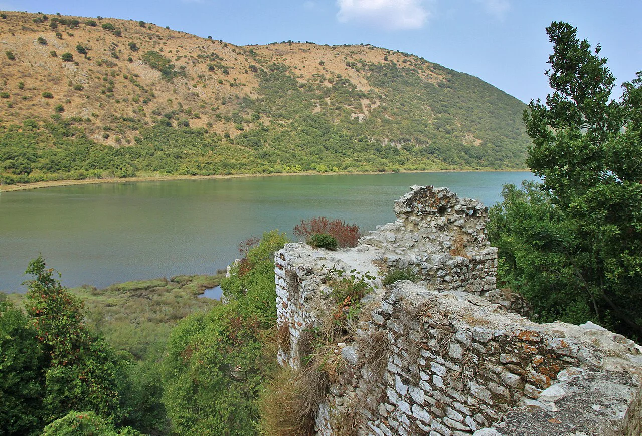 Ruined city walls at Butrint overlooking the lagoon.