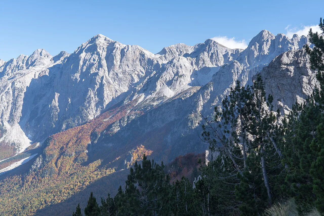 Limestone peaks rising above Valbona Valley in the Albanian Alps.