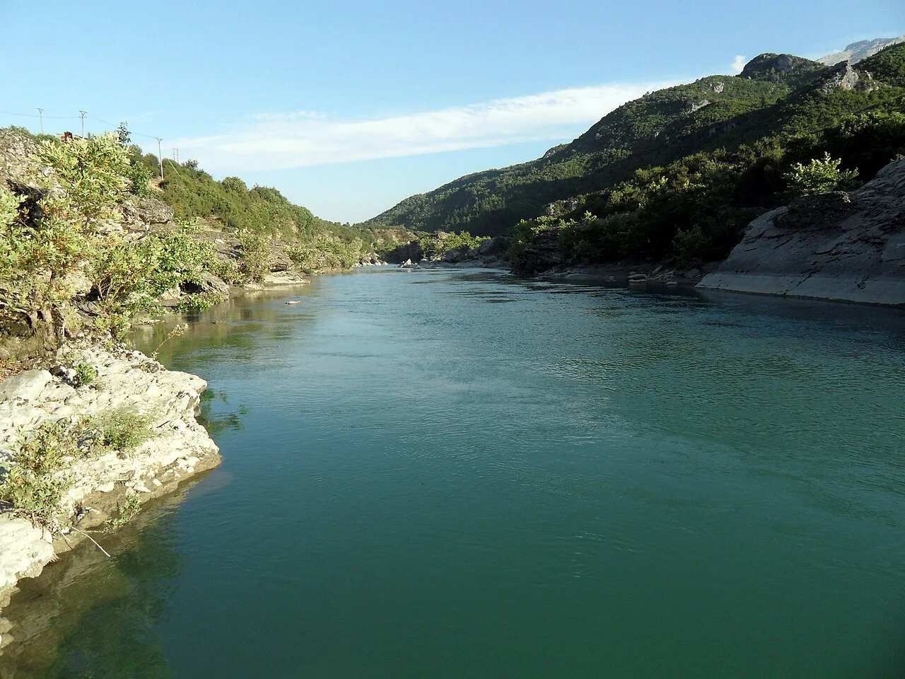 The Vjosa river flowing through a wooded gorge east of Përmet.