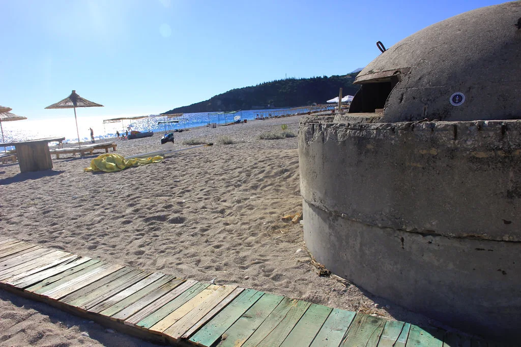 A concrete bunker on the beach at Himarë on the Albanian Riviera.