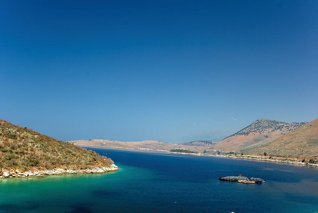 Deep blue water in the bay at Himarë on the Albanian Riviera.