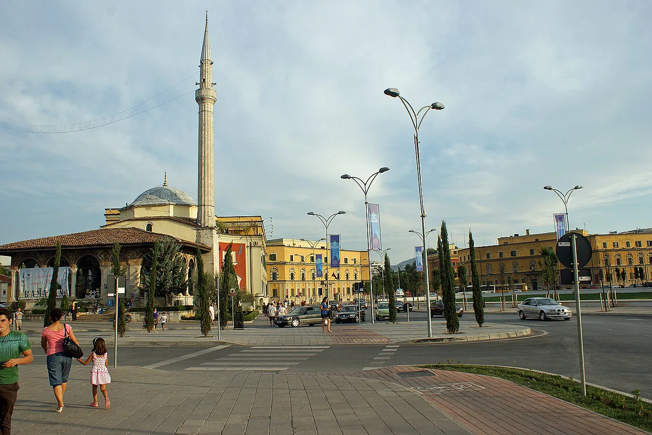 Skanderbeg Square and the Et'hem Bey Mosque in central Tirana.