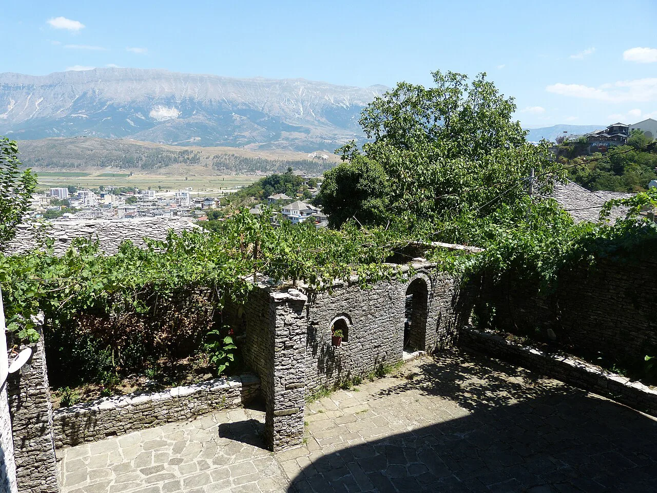 The mountains across the Drino valley seen from Skenduli House in Gjirokastër.