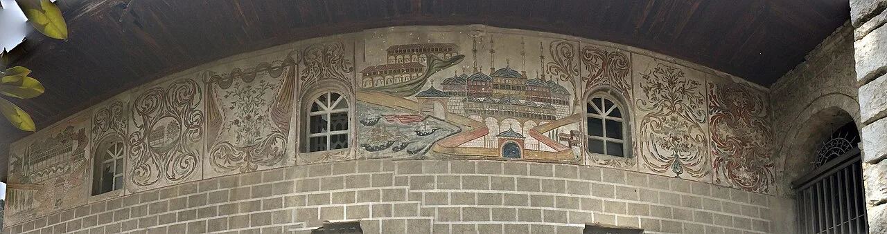 Painted decoration on the exterior of the Bachelors' Mosque in Berat.