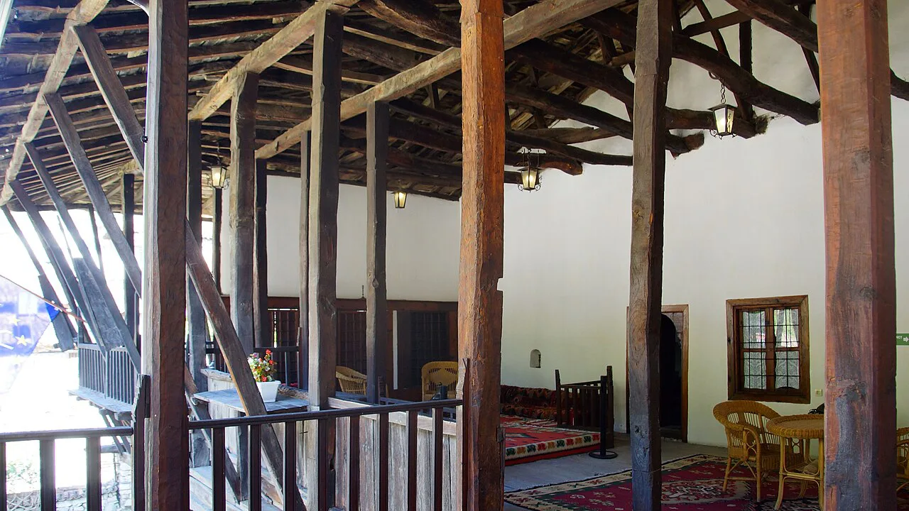 The wooden gallery inside the Ethnographic Museum in Berat.