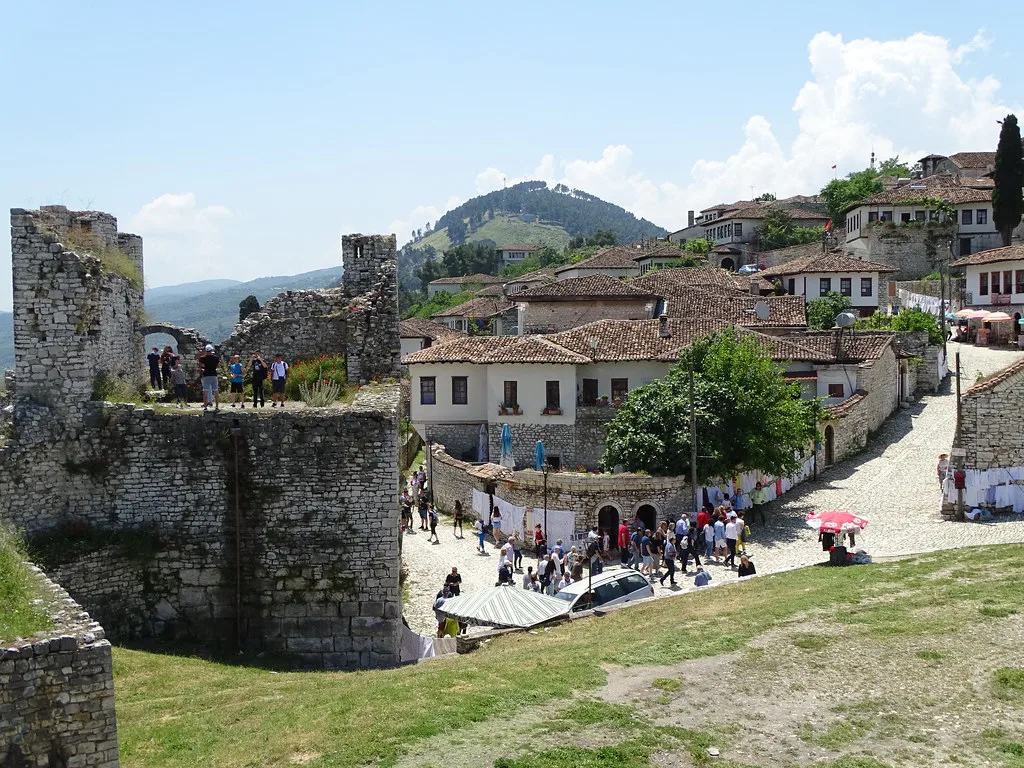 View from the castle ramparts over the old houses inside Berat Castle.
