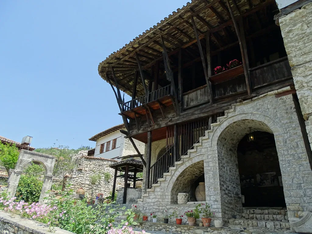 The stone and timber facade of the Ethnographic Museum in Berat.