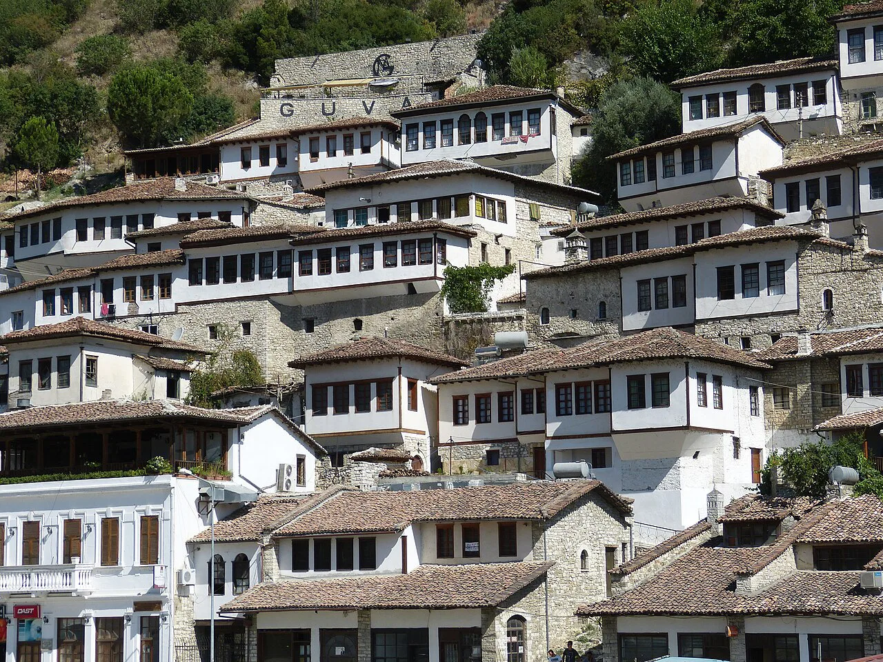 Tiers of white Ottoman-era houses in Berat's Mangalem quarter.