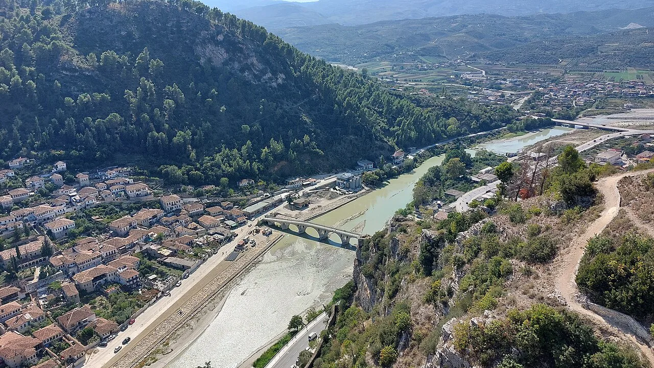The Gorica Bridge over the Osum river, seen from Berat Castle.