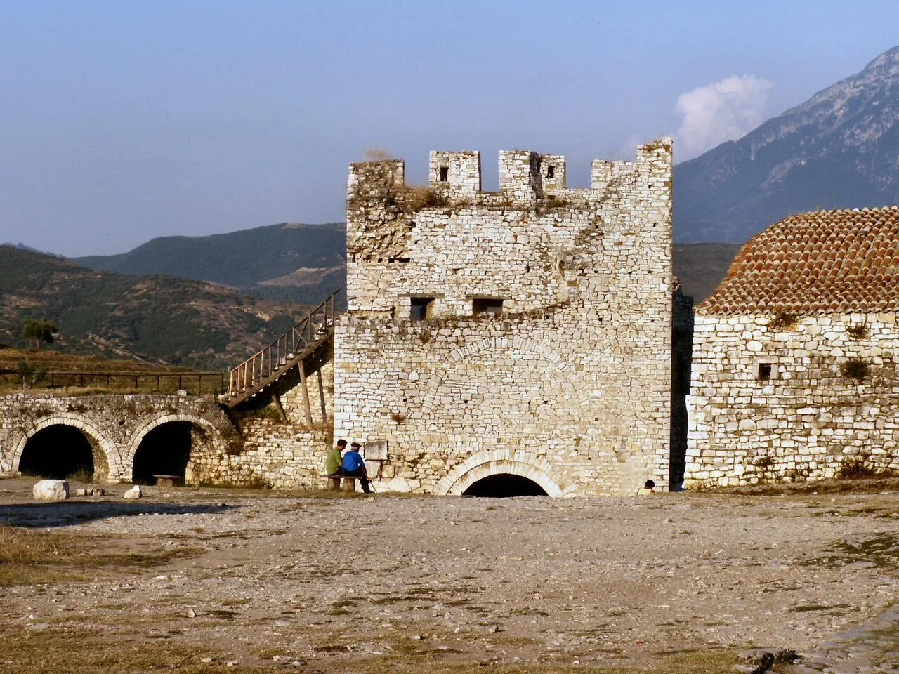 A crenellated stone tower in the castle quarter of Berat.