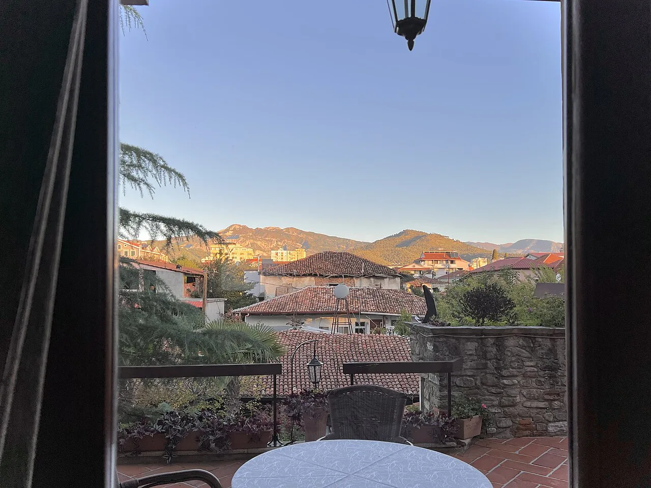 A morning view over Elbasan's rooftops from a terrace.