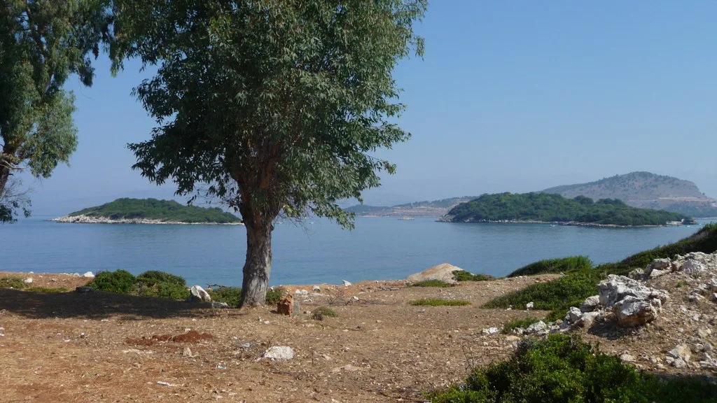 The Ksamil shoreline with its wooded islets offshore.