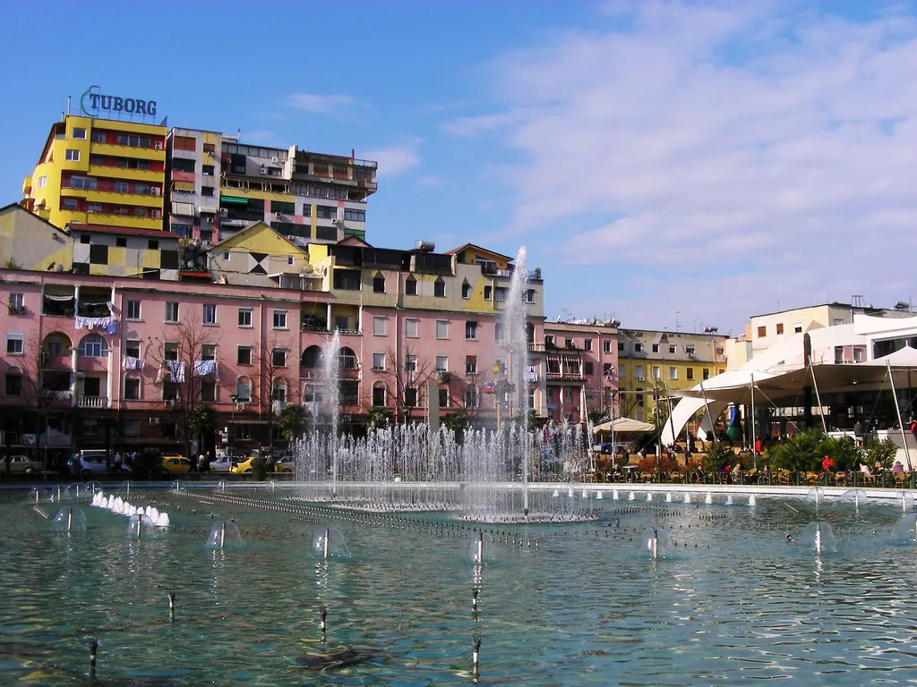 Fountains in Rinia Park beside the buildings on the edge of Blloku in Tirana.