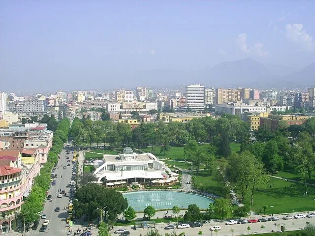 Central Tirana seen from above, with Rinia Park and the Taiwan complex.