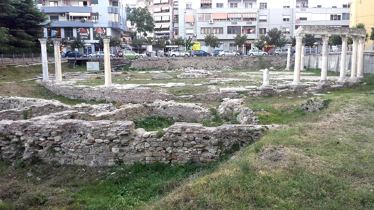 The circular ruins and columns of the Byzantine Forum in Durrës.