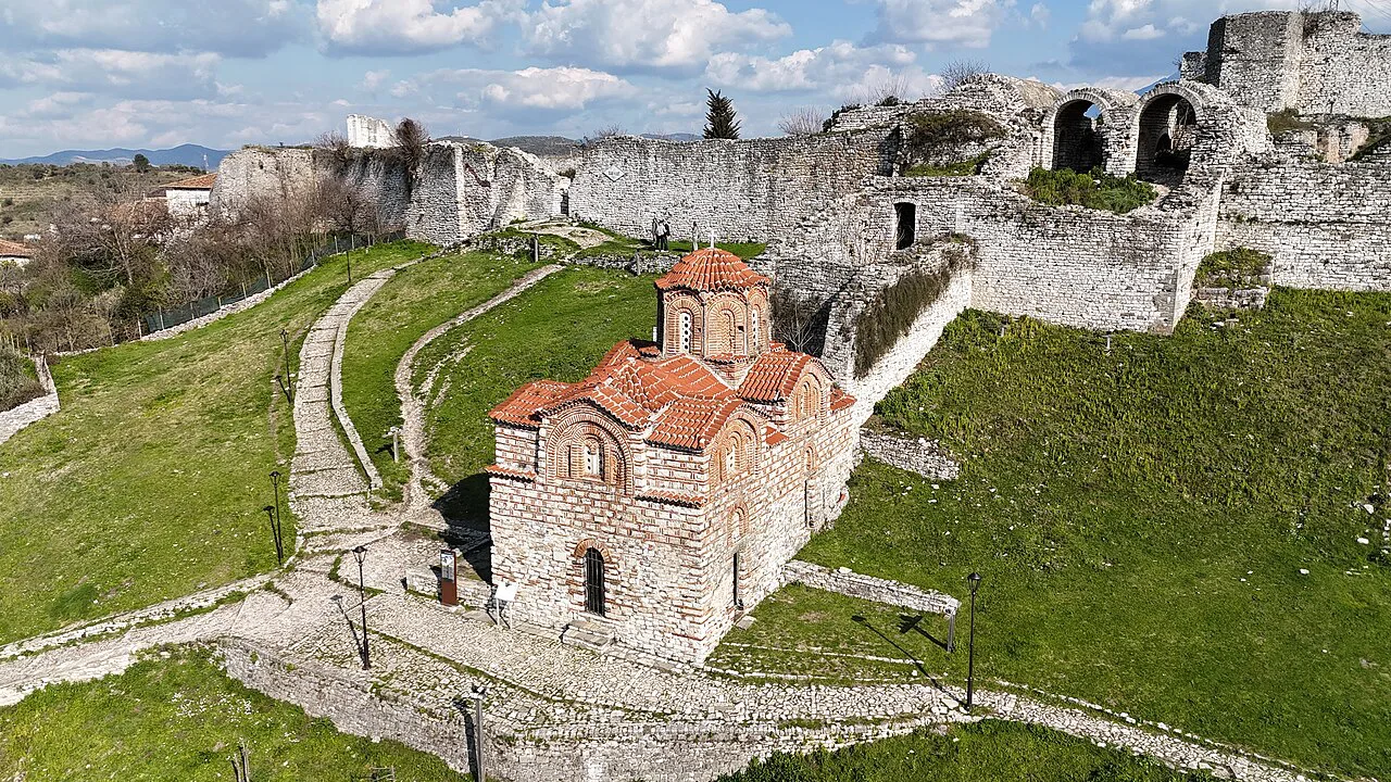 An aerial view of the Holy Trinity Church within the walls of Berat Castle.