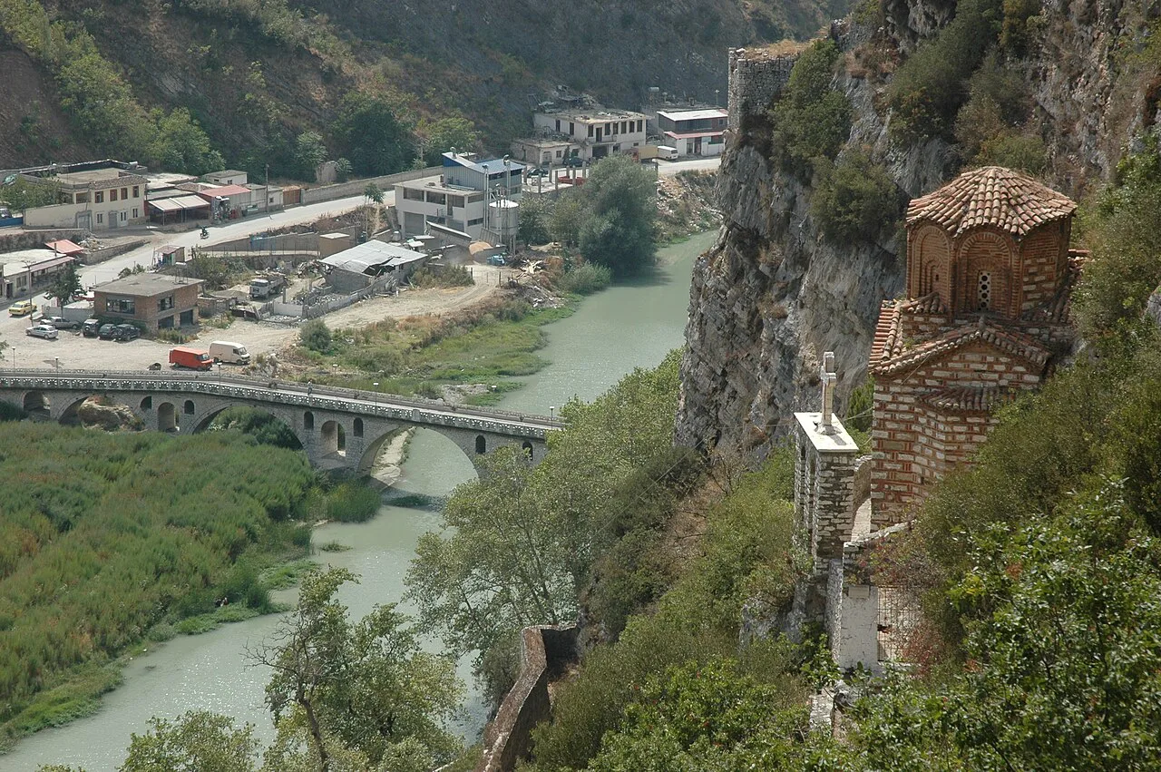 The Church of St Michael on its cliff above the Osum river in Berat, with the Gorica bridge below.
