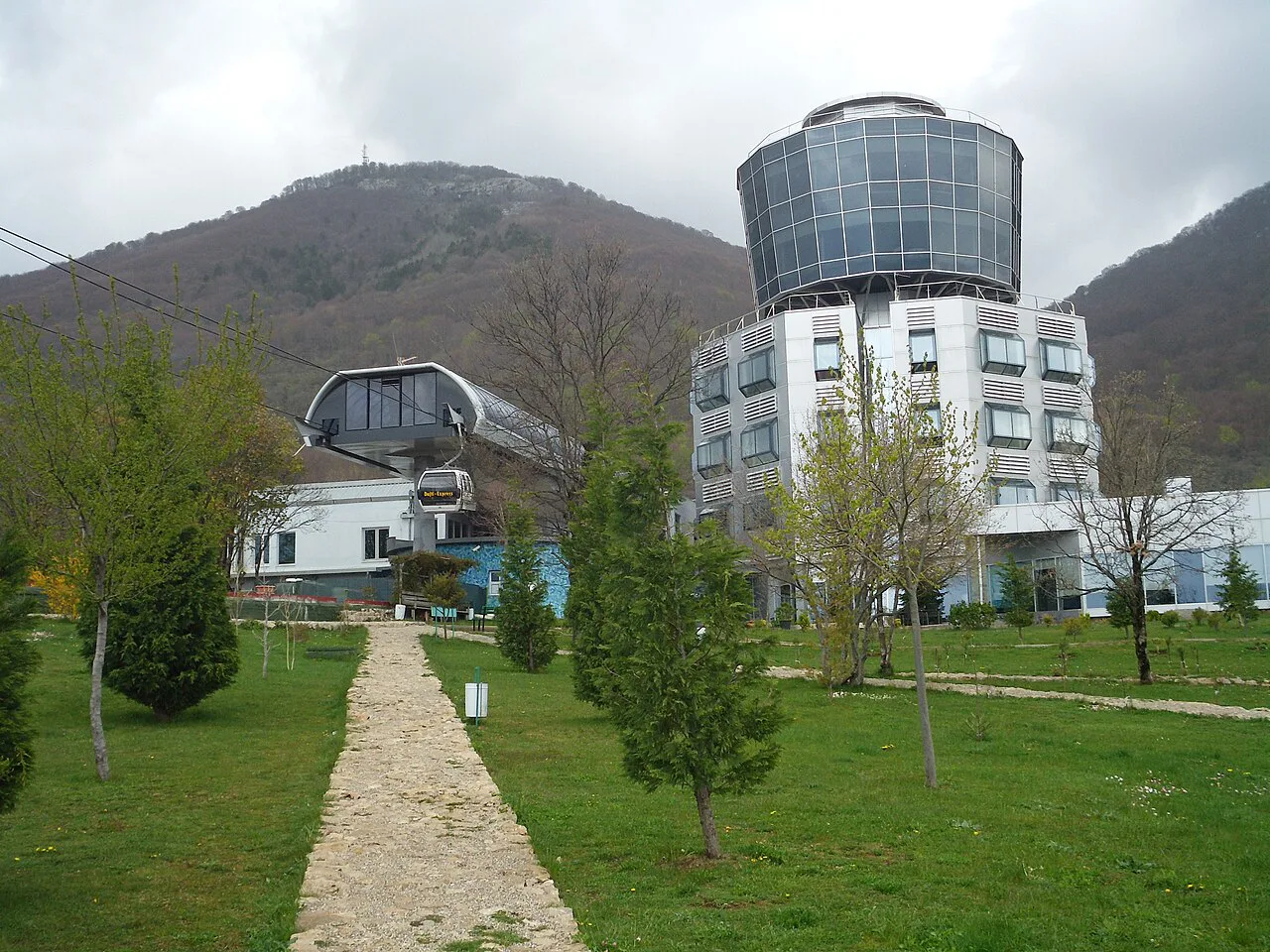 Dajti Tower, with the top station of the Dajti Ekspres cable car on the left.