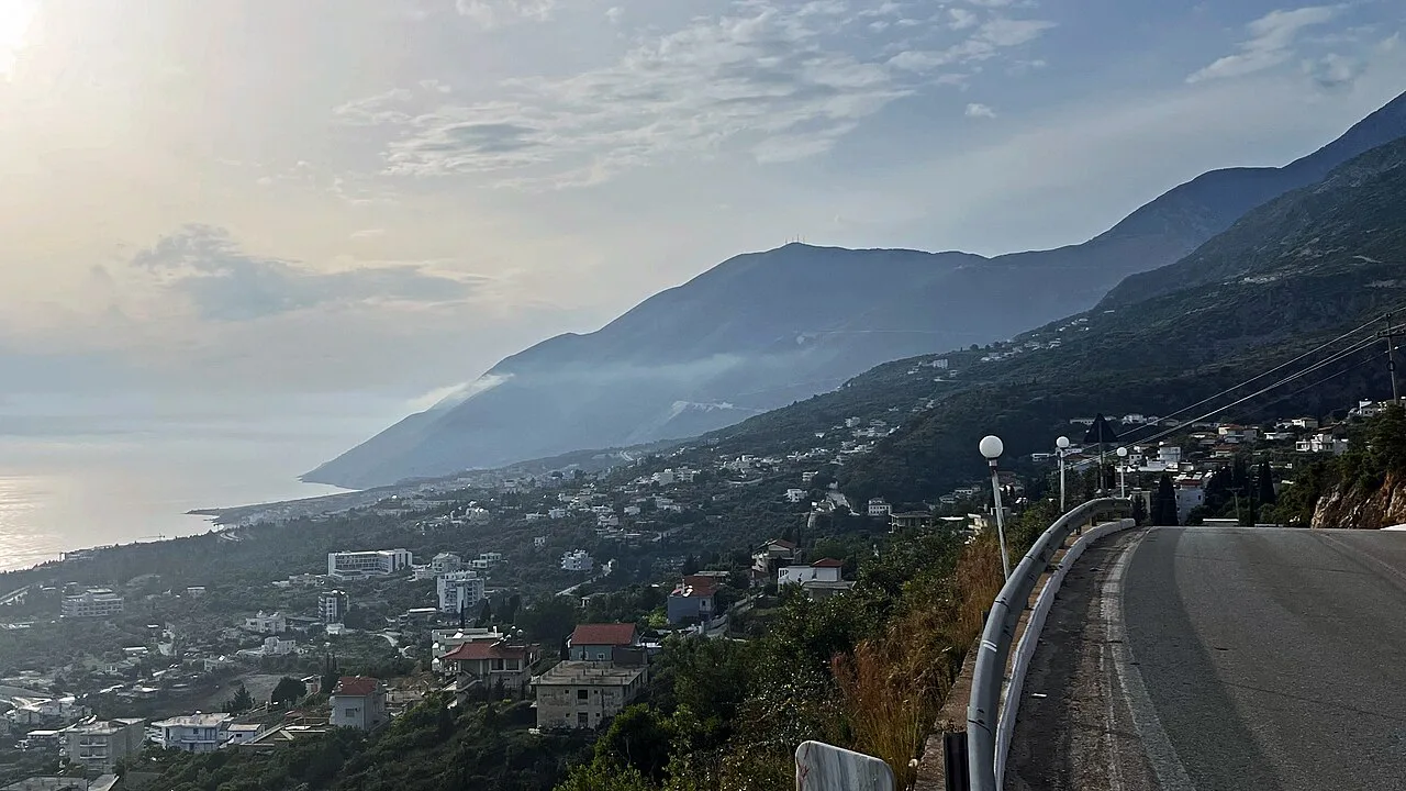 The coast below Dhërmi seen from the mountain road above the village.