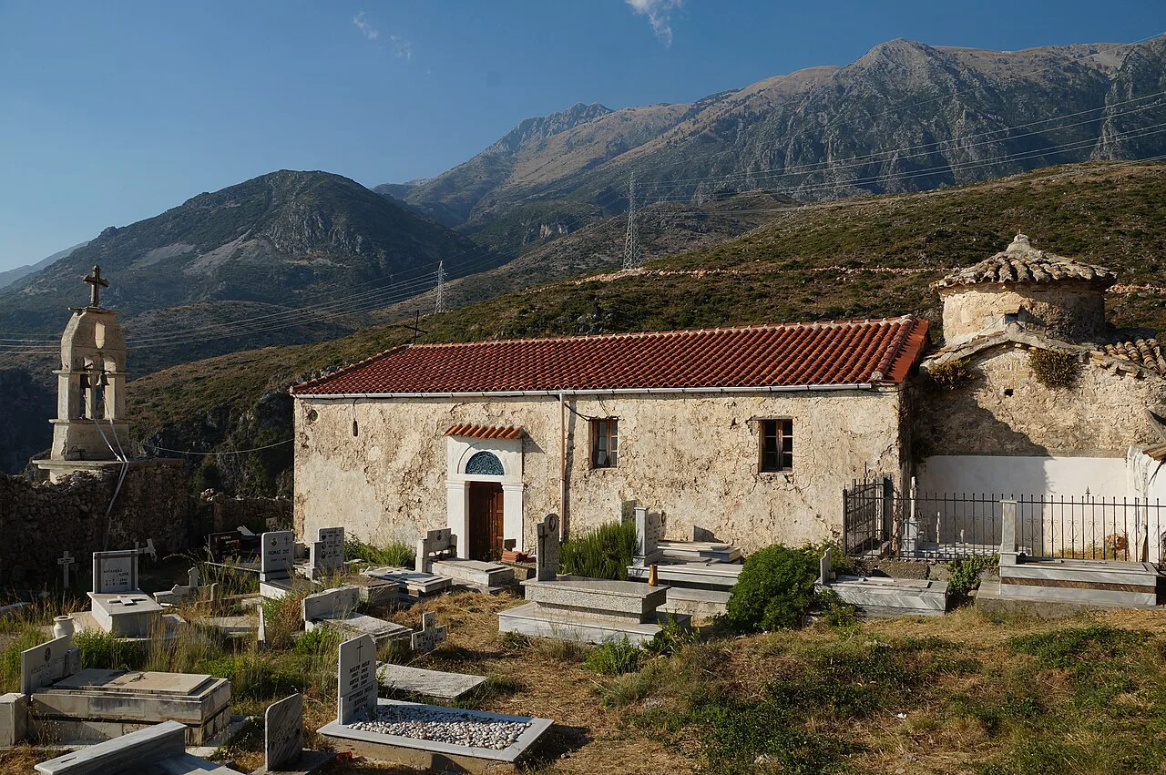 The Monastery Church of St Mary in Dhërmi, below the mountains.