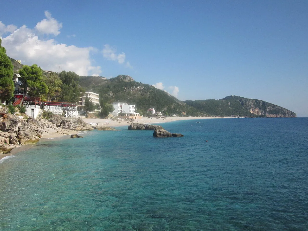 The beach at Dhërmi with clear turquoise water.