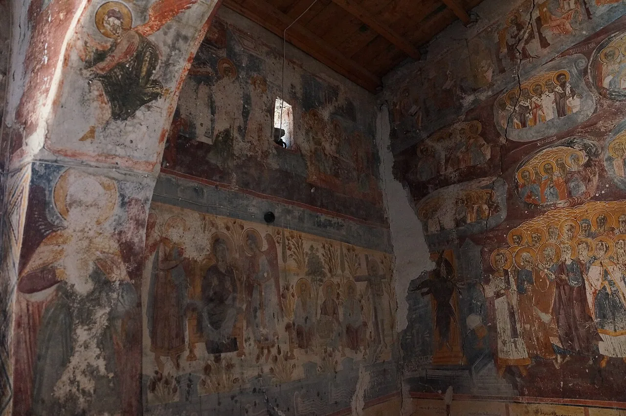 Frescoes inside St Mary's Church at the monastery in Dhërmi.