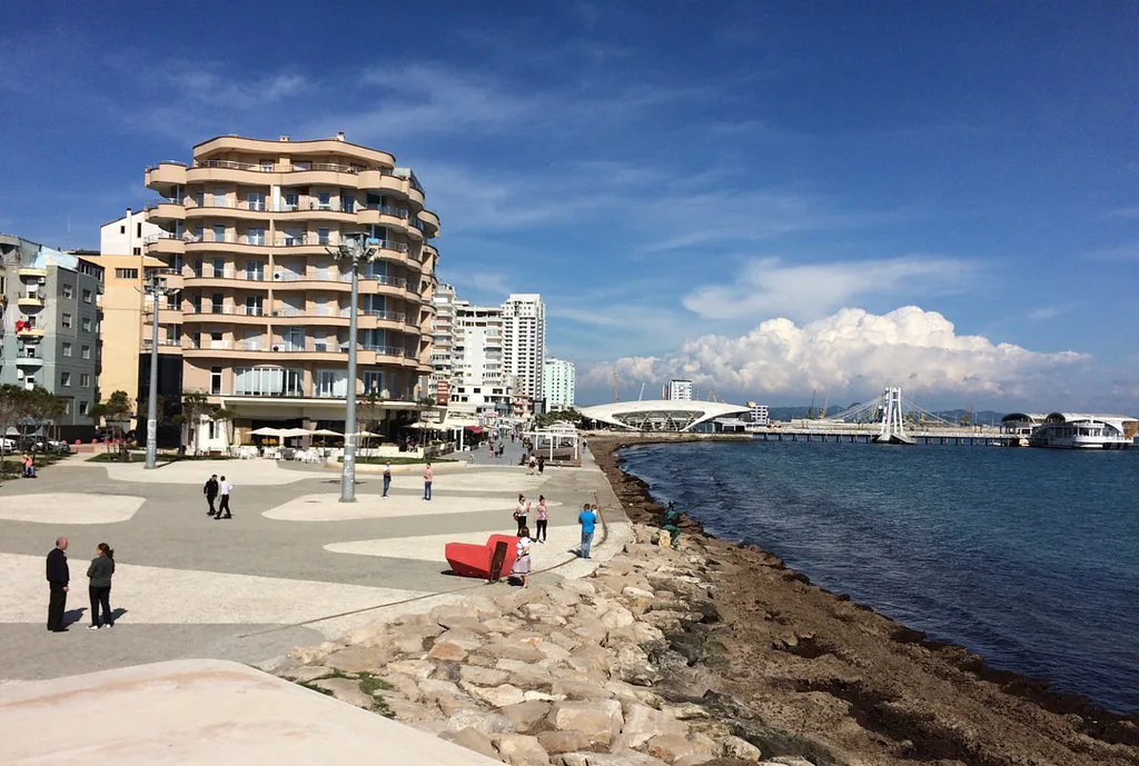 The seafront promenade and apartment blocks in Durrës.