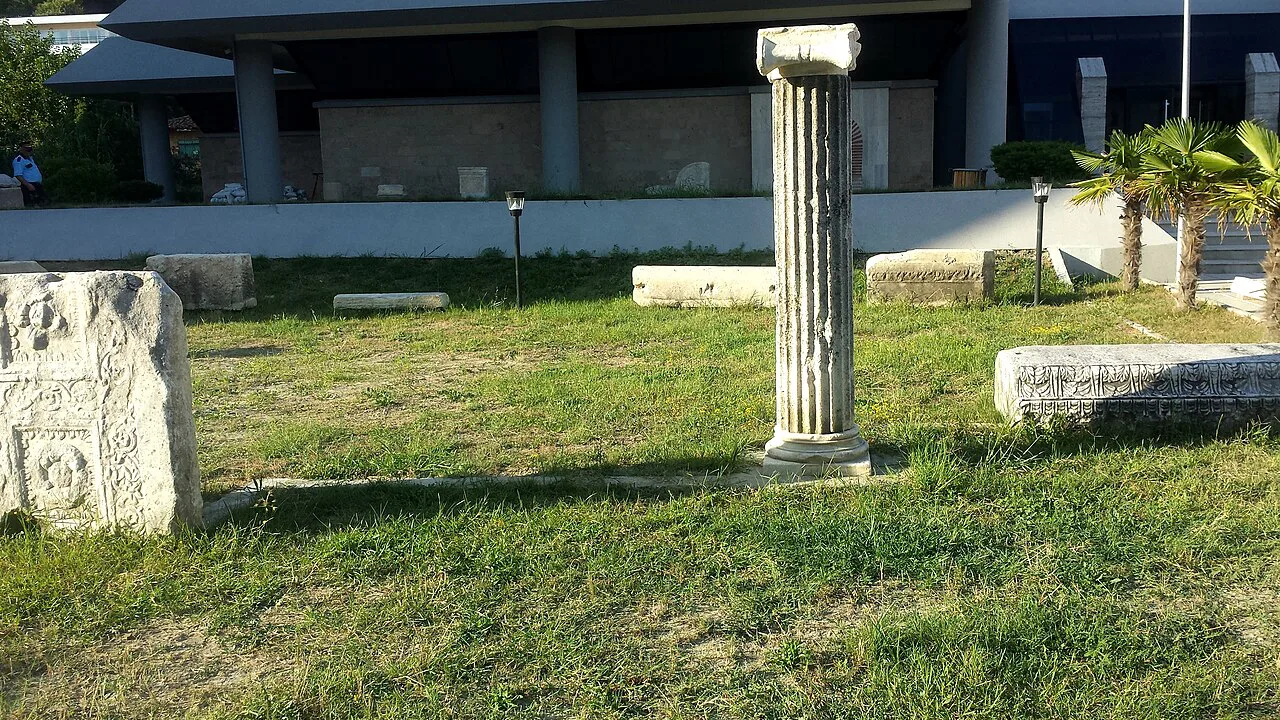 Ancient stone fragments in the grounds of the Archaeological Museum in Durrës.