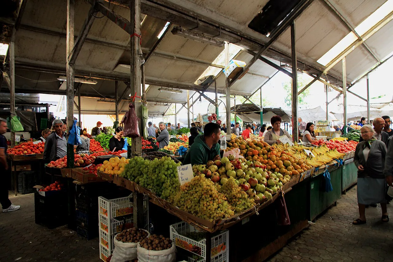 Fruit and vegetable stalls at the old covered market in Durrës.