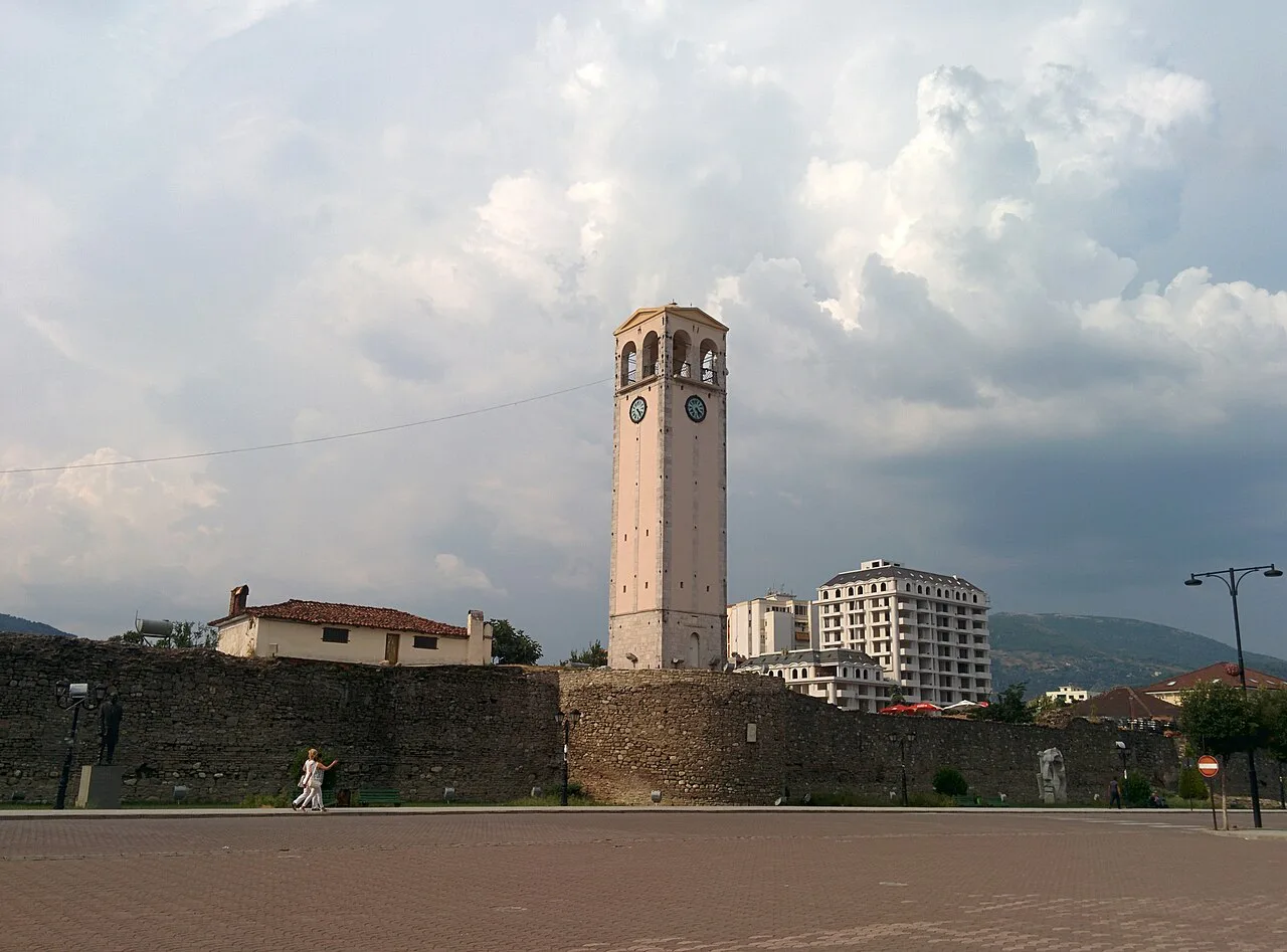 The Clock Tower of Elbasan beside the castle walls in the city centre.