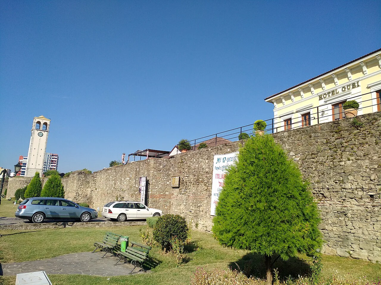 Elbasan's Clock Tower rising above the old castle walls.
