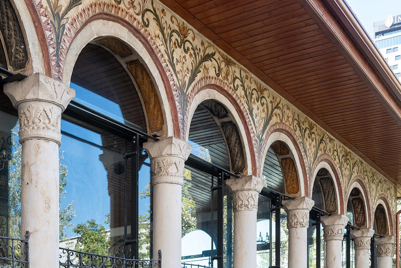 The frescoed portico of the Et'hem Bey Mosque in Tirana.