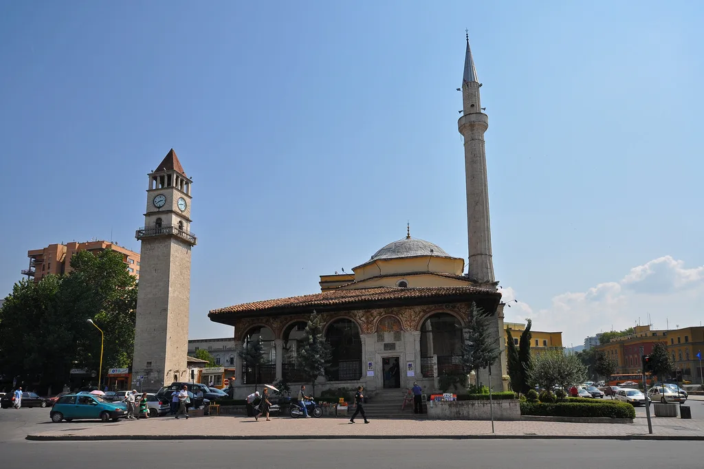 The Et'hem Bey Mosque and the Clock Tower in central Tirana.