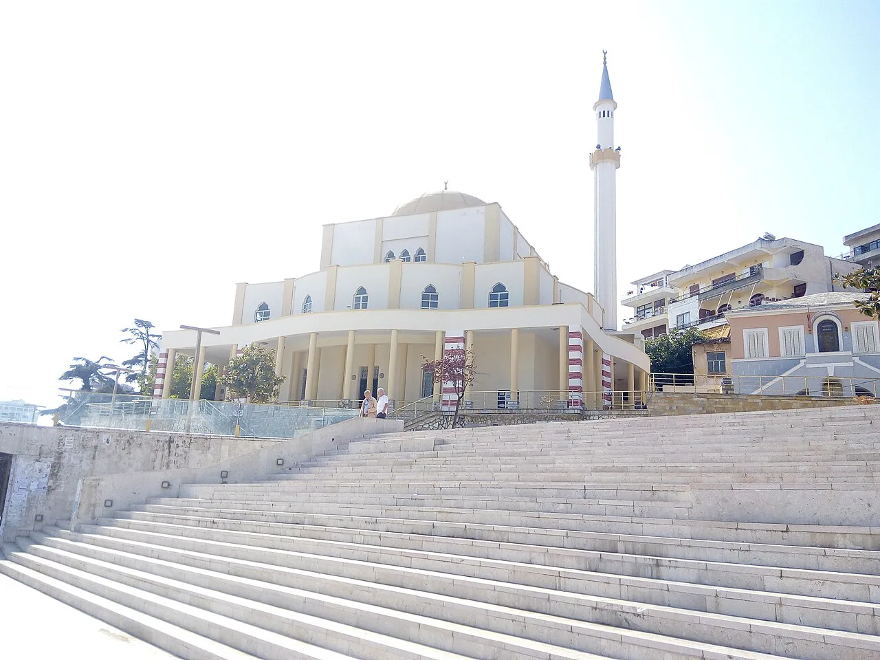 The Fatih Mosque in Durrës above a broad flight of steps.