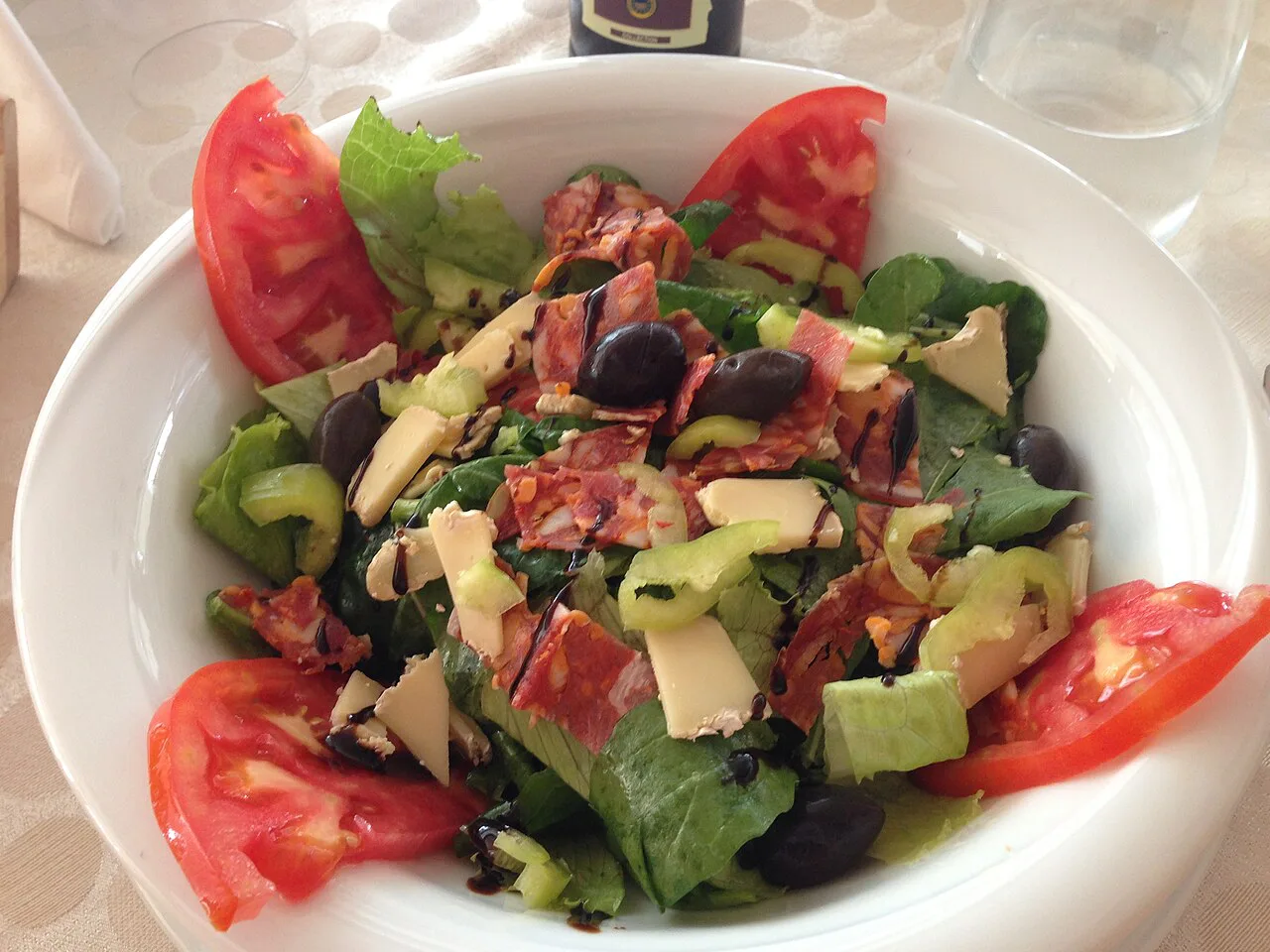 A typical Albanian salad with olives, cheese and vegetables.