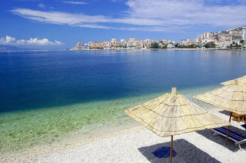 The bay of Sarandë with the town along its shore.