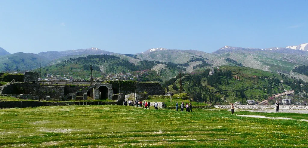 Fortress walls and mountains around Gjirokastër.