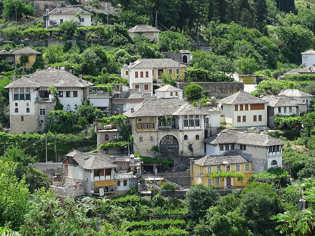 Traditional fortified stone houses on the hillside of Gjirokastër, seen from the castle.