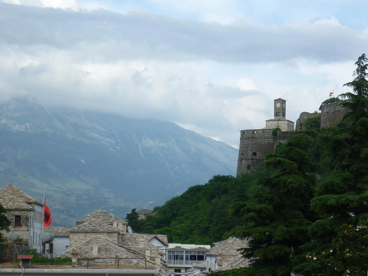 The clock tower of Gjirokastër seen from the old town.
