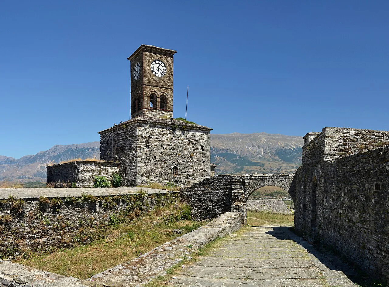 The Clock Tower at Gjirokastër Castle with the mountains beyond.