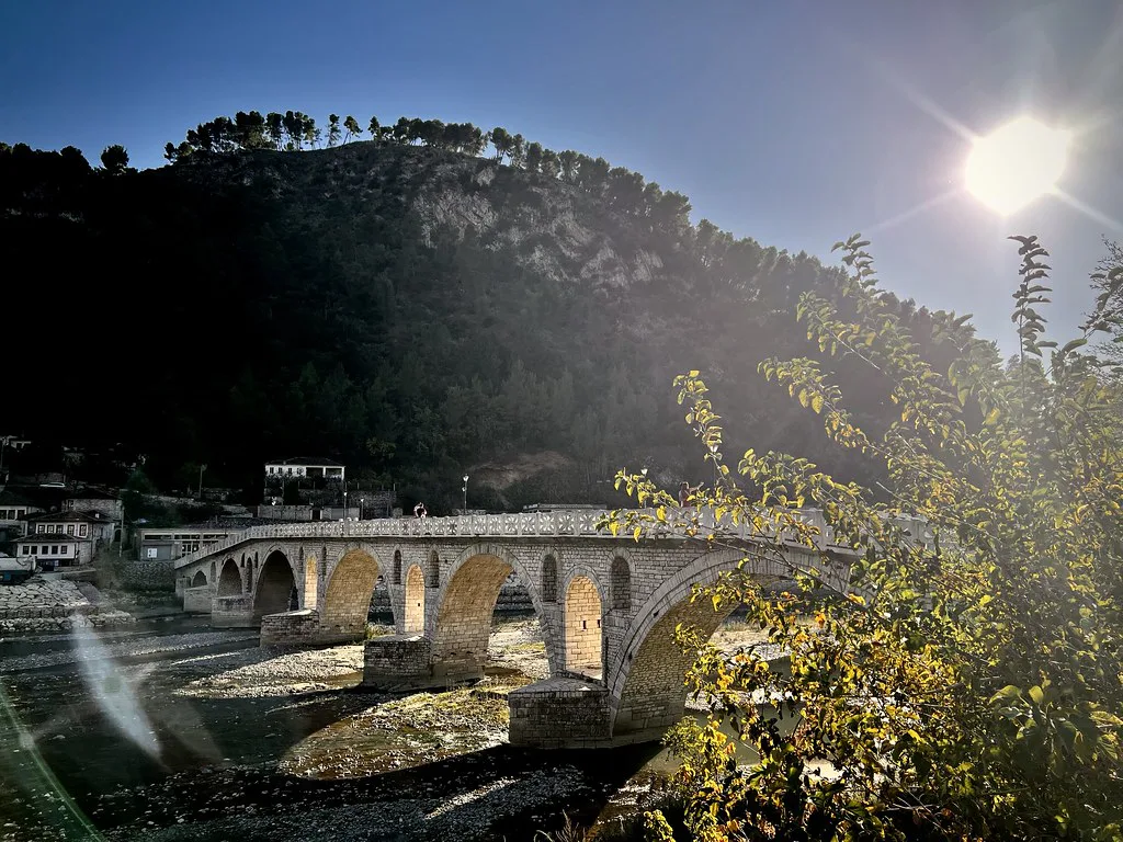 The arched stone Gorica Bridge across the Osum River in Berat.