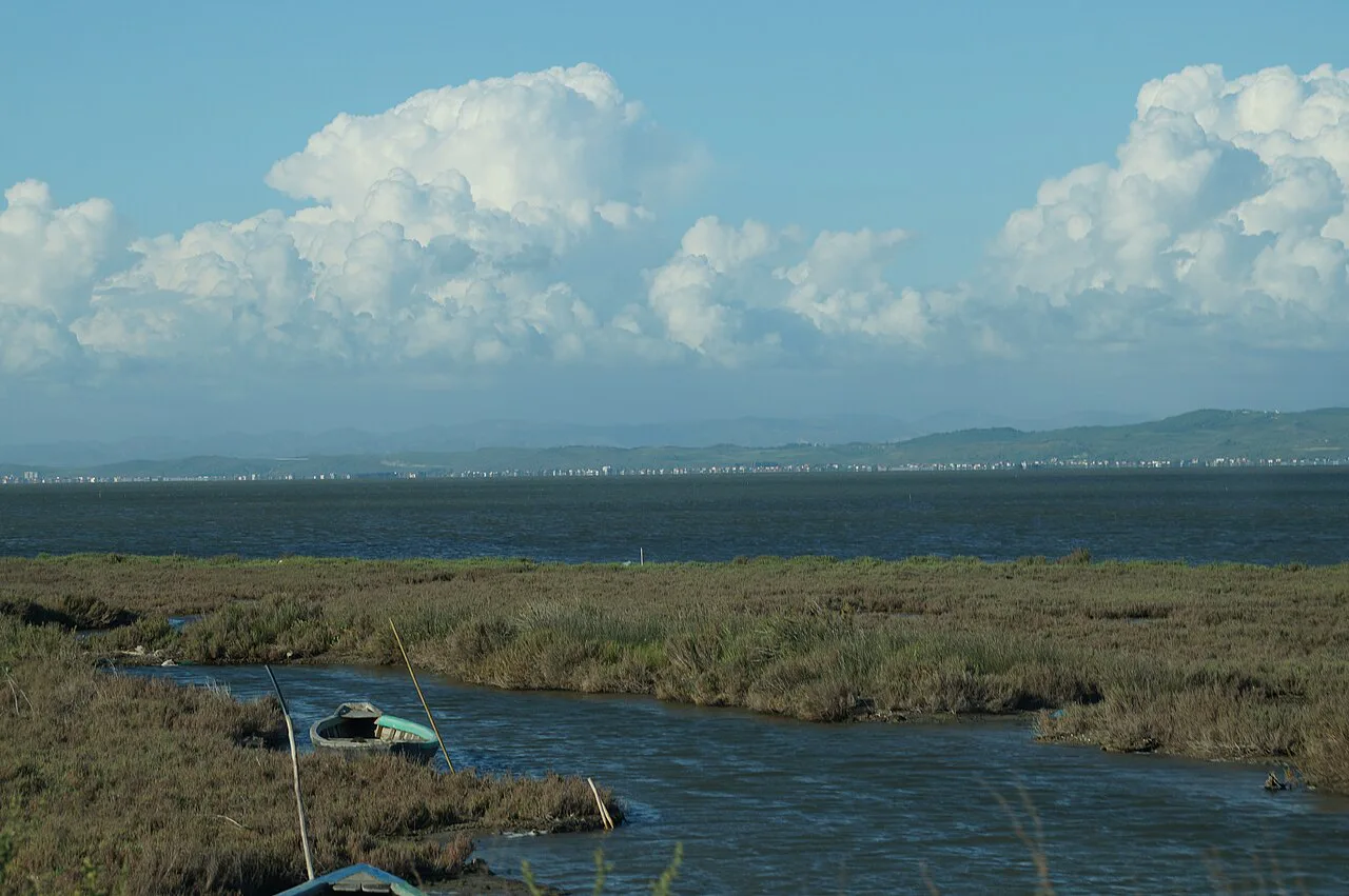 Karavasta Lagoon seen from its southern end towards Divjaka.