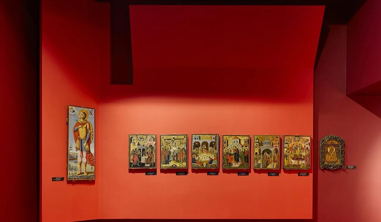 Icons displayed inside the National Museum of Medieval Art in Korçë.