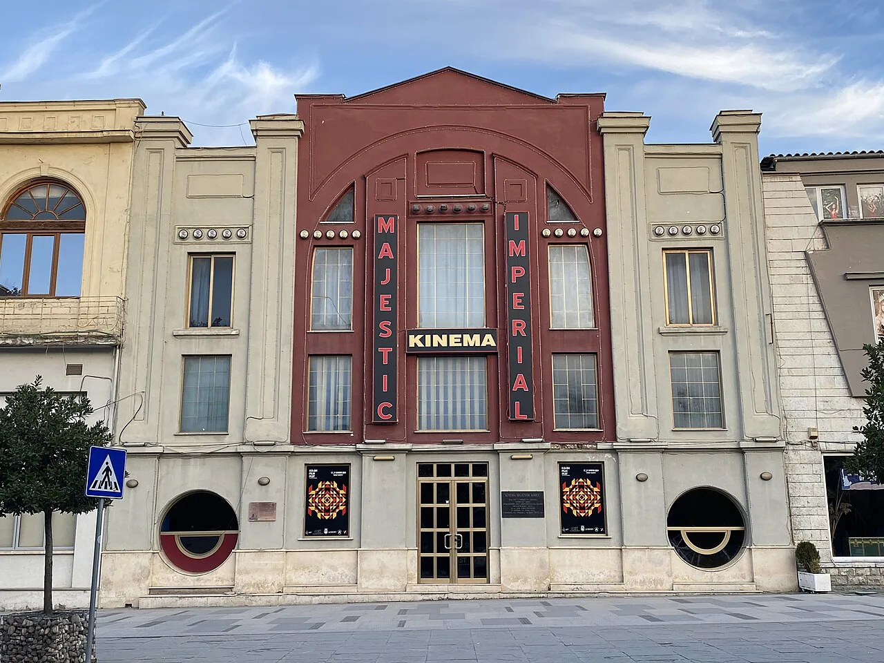 The facade of the closed Majestik cinema in Korçë.