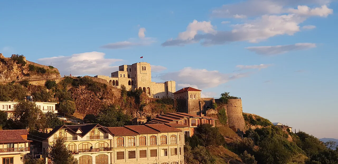 Krujë Castle and the old town at sunset.