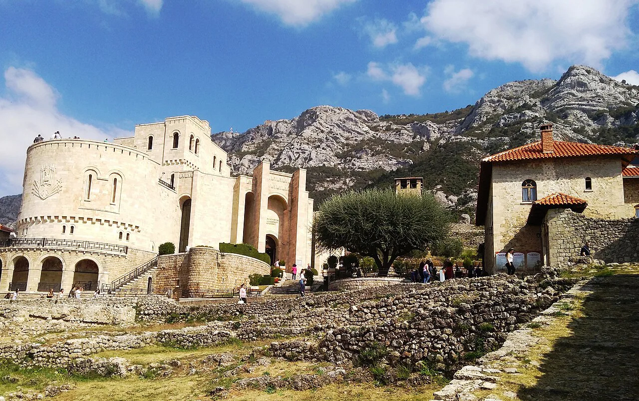 The Gjergj Kastrioti Skanderbeg Museum within Krujë Castle, below the mountains.