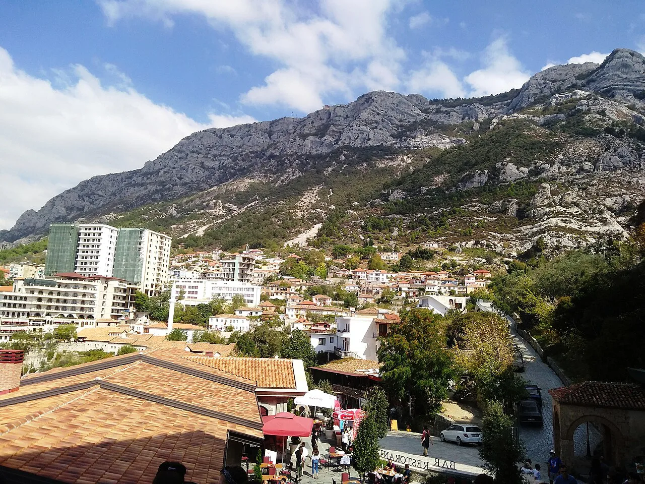 The newer part of Krujë spread along the hillside below the mountains.