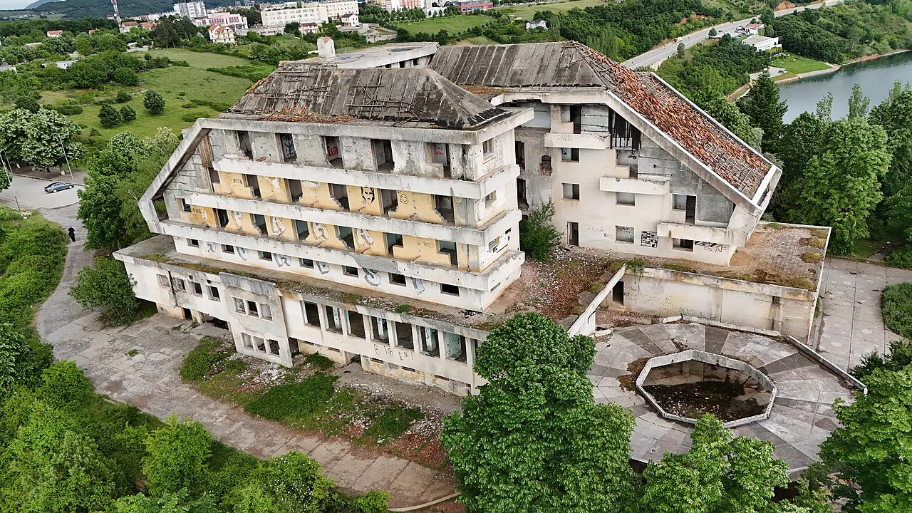The dilapidated communist-era Hotel Turizmi in Kukës.