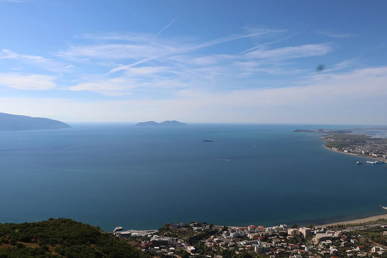 The Bay of Vlorë seen from high ground above the city.
